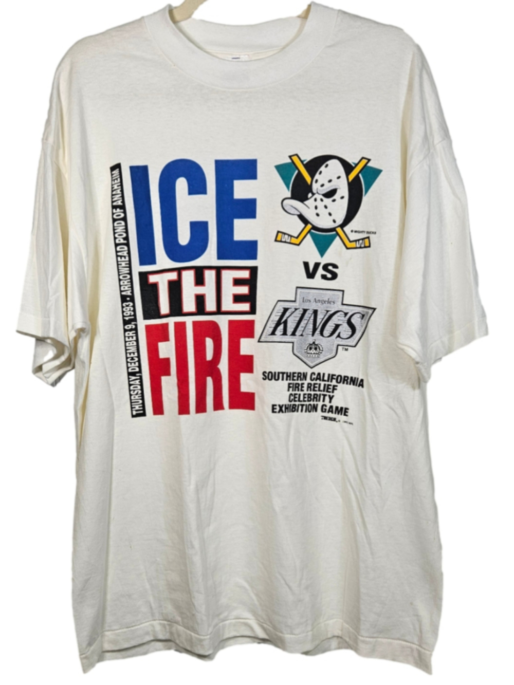 Vintage 1993 Mighty Ducks LA Kings Ice The Fire USA Single Stitch NHL Shirt XL